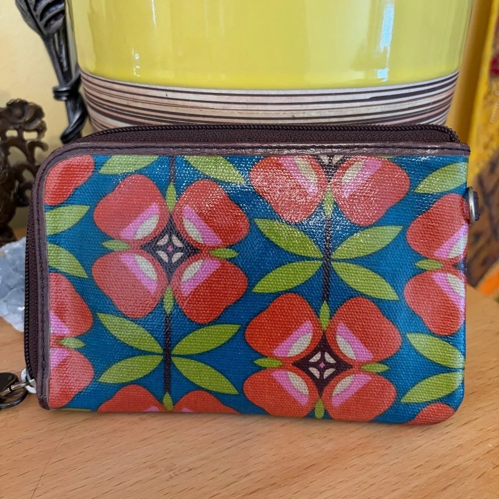 Fossil Key-Per Coated Wallet Leather Clutch Zip Around Floral Teal Red Brown - Picture 3 of 7